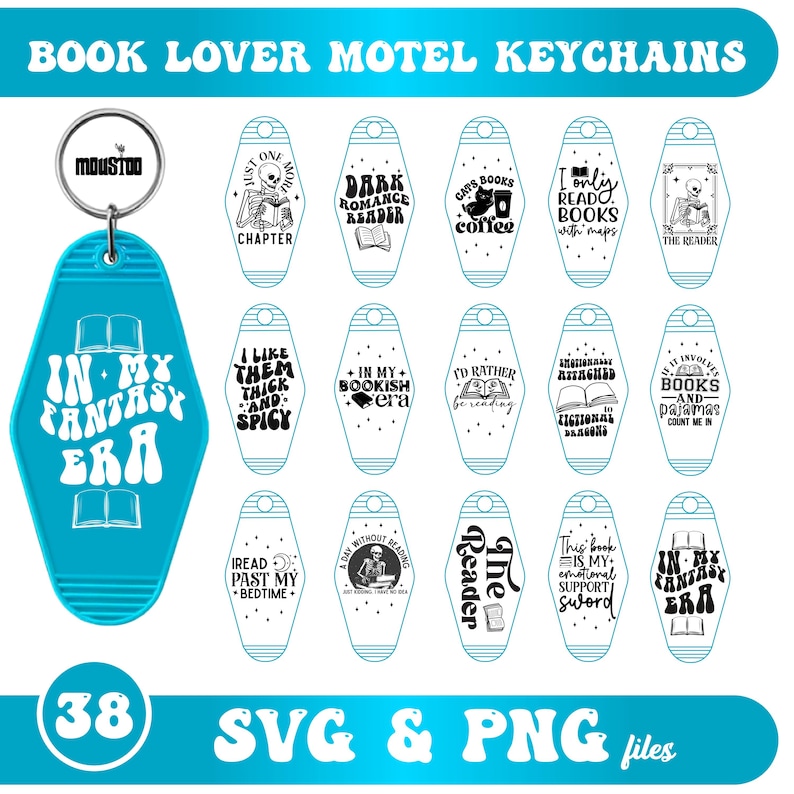 May include: A collection of teal motel keychains with various book-themed quotes and graphics in black and white. One keychain is attached to a silver ring. The text "BOOK LOVER MOTEL KEYCHAINS" is at the top.