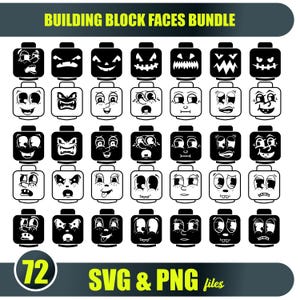 Könnte beinhalten: Eine Sammlung von 36 schwarz-weißen Bausteingesichtern mit verschiedenen Ausdrücken. Das Bild enthält oben den Text "BUILDING BLOCK FACES BUNDLE" und unten "72 SVG & PNG files".