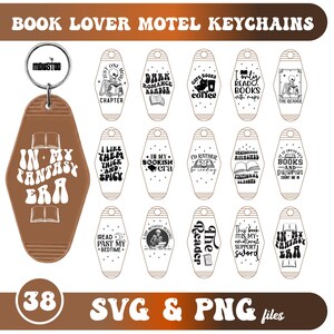 May include: A collection of brown motel-style keychains with book-themed designs and phrases like "In My Fantasy Era" and "Dark Romance Reader." The keychains are in various shapes and sizes, with a metal ring and a logo.