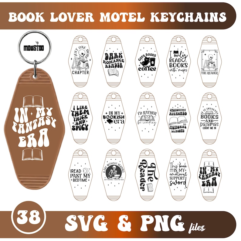 May include: A collection of brown motel-style keychains with book-themed designs and phrases like "In My Fantasy Era" and "Dark Romance Reader." The keychains are in various shapes and sizes, with a metal ring and a logo.