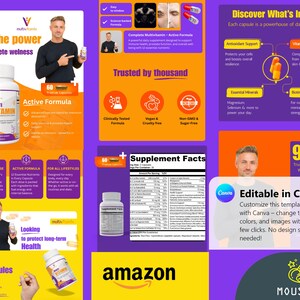 May include: A promotional image for a multivitamin supplement. The design features a bottle of multivitamins, product information, and the Amazon logo. The text highlights key features and benefits, including immune defense and active formula.