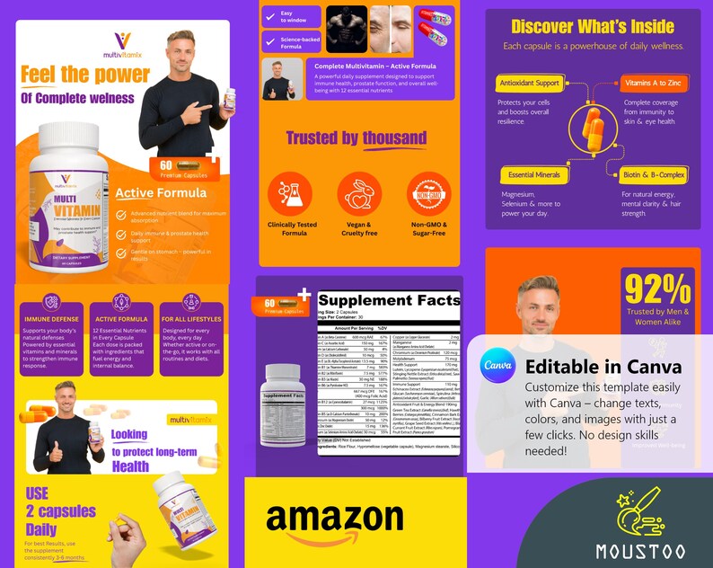 May include: A promotional image for a multivitamin supplement. The design features a bottle of multivitamins, product information, and the Amazon logo. The text highlights key features and benefits, including immune defense and active formula.