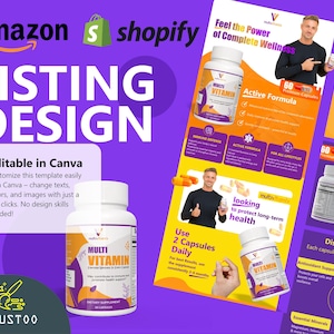 May include: A listing design template for Amazon and Shopify, featuring a white bottle of Multi Vitamin capsules. The design includes text, graphics, and a call to action to edit the template in Canva.