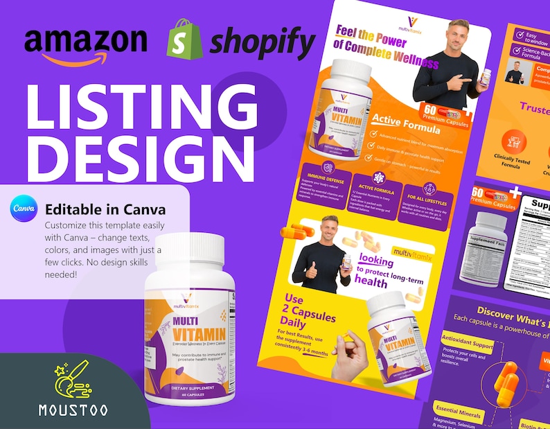 May include: A listing design template for Amazon and Shopify, featuring a white bottle of Multi Vitamin capsules. The design includes text, graphics, and a call to action to edit the template in Canva.