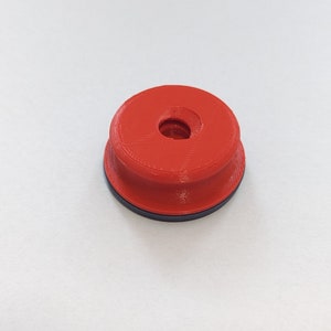 May include: A red plastic cap with a black ring around the bottom. The cap has a small hole in the center.
