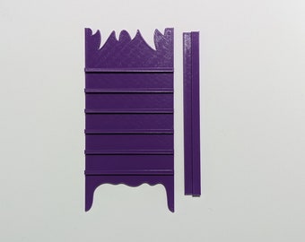 May include: Purple 3D printed shelf unit with 6 shelves and a decorative top. The shelf unit is made of plastic and is designed to be assembled. The shelf unit is shown next to a separate piece that is likely a side panel.