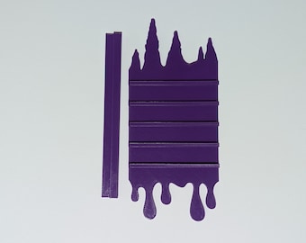 May include: Purple plastic wall organizer with five shelves and a dripping design. The organizer is designed to hold small items like jewelry or craft supplies.