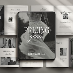 May include: A black and white photograph of a bride in a wedding dress. The image is used as a cover for a wedding photography pricing guide. The text "PRICING guide" is written in large, bold letters on the cover. The text "LILLIAN & OSCAR" is written in smaller letters below the title.