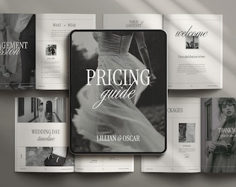 May include: A black and white photo of a bride in a wedding dress. The image is used as a cover for a wedding photography pricing guide. The text "PRICING guide" is written in large, bold letters on the cover. The text "LILLIAN & OSCAR" is written in smaller letters below the title.