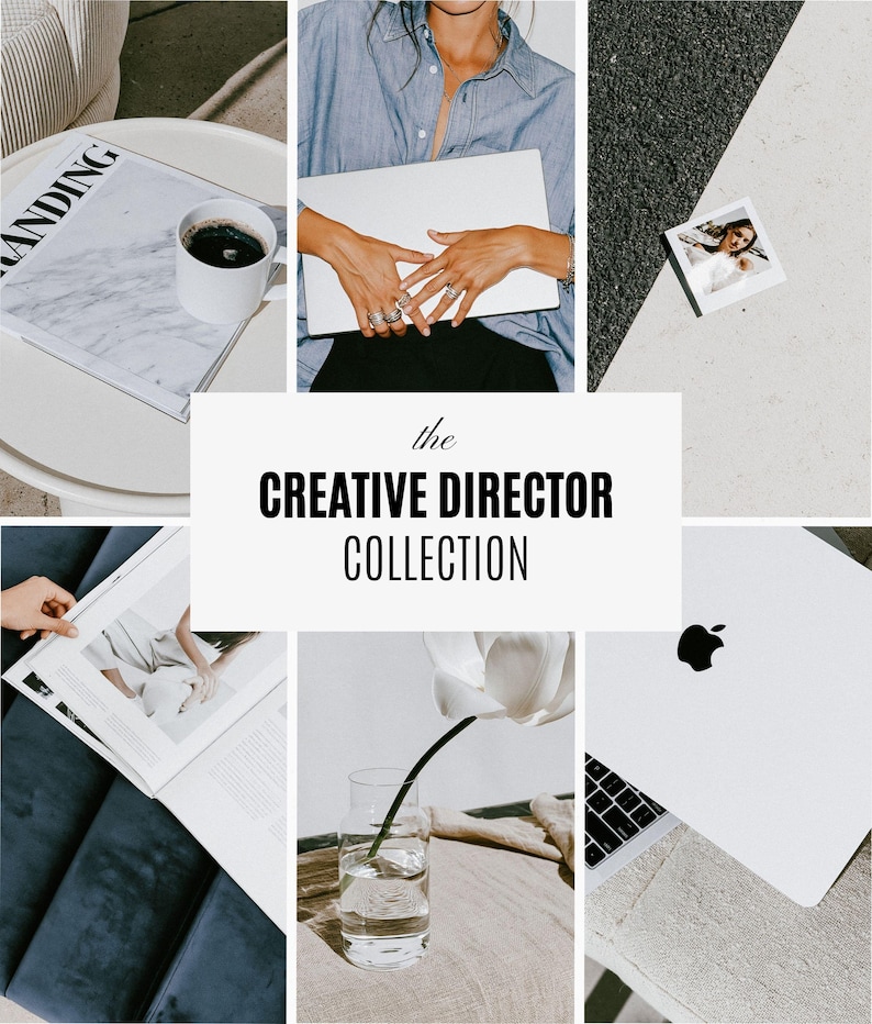 May include: A collage featuring a coffee mug on a magazine, a person holding a laptop, a small photograph, an open magazine on a blue surface, a white flower in a glass vase, and a closed laptop with the text the CREATIVE DIRECTOR COLLECTION.