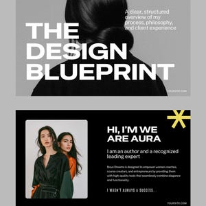 May include: A two-part graphic design layout. The top section features the text THE DESIGN BLUEPRINT and A clear, structured overview of my process, philosophy, and client experience. The bottom section displays two individuals and the text HI, I'M WE ARE AURA, I am an author and a recognized leading expert, Nova Dreams is designed to empower women coaches, course creators, and entrepreneurs by providing them with high-quality tools that seamlessly combine elegance and functionality. I WASN'T ALWAYS A SUCCESS.