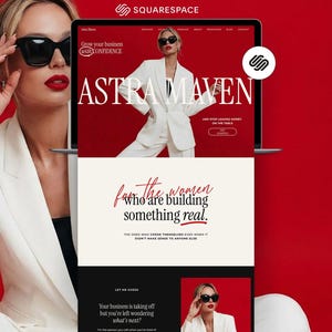 Op de afbeelding: Een laptopscherm toont een website met de tekst "ASTRA MAVEN" en "Grow your business with CONFIDENCE". De website toont een vrouw in een wit pak en zonnebril. De achtergrond is rood, met de tekst: "for the women who are building something real."