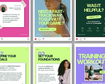 May include: A collection of six social media post templates featuring vibrant color blocks in pink, blue, dark green, light green, and purple. Each square graphic includes bold typography, instructional text, and placeholder imagery for fitness coaching content.