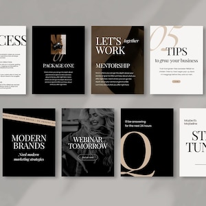 Puede incluir: Un collage de nueve plantillas de historias de Instagram con fondos en blanco y negro y texto marrón. Las plantillas presentan texto como "Proceso", "Paquete Uno", "Trabajemos Juntos", "Mentoría", "05 Consejos para Hacer Crecer Tu Negocio", "Marcas Modernas", "Webinar Mañana", "Q", y "Mantente Atento".