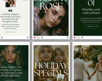 May include: A collection of six social media post templates featuring photography and typography. The designs include portraits of individuals and children, text overlays such as CELESTE ROSE, HOLIDAY SPECIALS, and FAMII, and quote blocks.