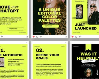 May include: A collection of six digital social media graphics featuring a bright lime green and black color scheme. The layouts include bold sans-serif typography, promotional text, and photographic elements showcasing branding and marketing advice.