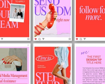 May include: A grid of six social media post templates featuring bold red and light purple backgrounds with white and dark purple text. The designs include graphics of a vintage telephone, a person in a light blue shirt, and text overlays.