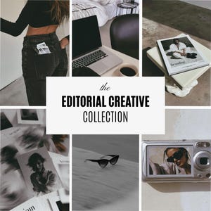 May include: A collage featuring a black long-sleeve top and black jeans, a laptop, a book titled branding, a collection of black and white photographs, black cat-eye sunglasses, and a digital camera displaying a portrait of a person wearing sunglasses.
