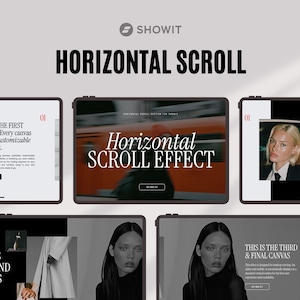 May include: A digital interface design template for Showit featuring a horizontal scroll effect. The layout displays multiple web canvas examples with black, white, and red text elements, photography, and buttons on a light gray background.