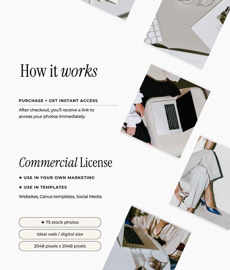 May include: A digital information graphic titled How it works and Commercial License. It lists instructions for instant access, usage rights for marketing and templates, and specifies 75 stock photos at 2048 pixels by 2048 pixels.
