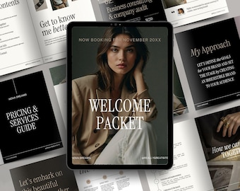 May include: A digital tablet displaying a welcome packet for a business. The packet includes information about pricing and services, as well as a welcome message. The tablet is on a table with other documents.