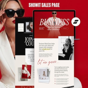 Op de afbeelding: Een digitale marketing salespagina met de tekst "BUSINESS" en "SHOWIT SALES PAGE". De pagina bevat afbeeldingen van een vrouw in een wit pak en de tekst "Business Made Easy helps you turn your ideas into impact with strategies that actually work for your life."