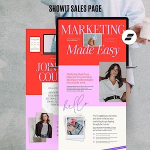 May include: A digital marketing sales page displayed on a tablet and a phone. The page features the text "MARKETING Made Easy" in a bold, elegant font, along with images and promotional text. The page is in shades of red, pink, and white.