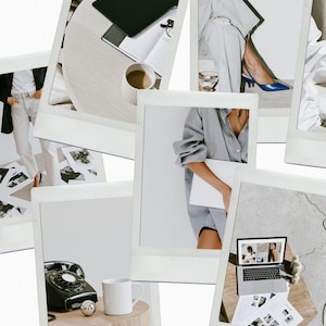 May include: A collage of polaroid-style photographs featuring a black rotary telephone, a white ceramic mug, a laptop displaying images, light-wash denim jeans, blue slingback heels, a grey button-down shirt, and a black tablet on a wooden table.
