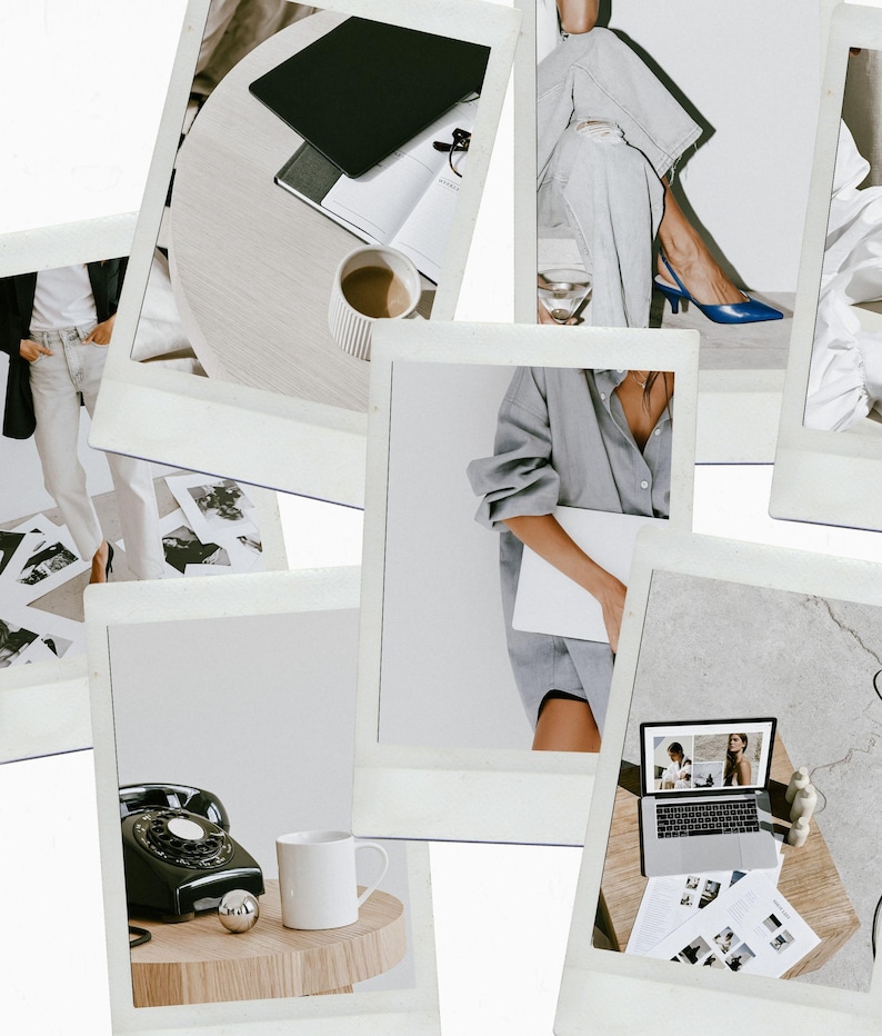 May include: A collage of polaroid-style photographs featuring a black rotary telephone, a white ceramic mug, a laptop displaying images, light-wash denim jeans, blue slingback heels, a grey button-down shirt, and a black tablet on a wooden table.