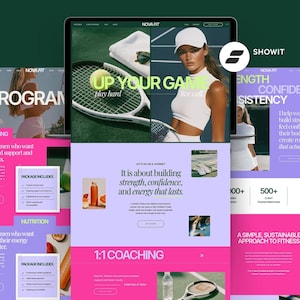 May include: A digital display showcasing a website design with a tennis theme. The design features a woman in athletic wear, tennis equipment, and text that reads "Up Your Game" and "1:1 Coaching". The color scheme includes pink, purple, and white.