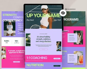 May include: A website design with a tennis theme, featuring a woman in tennis attire. The design uses a color scheme of purple, pink, and white. Text includes "Up Your Game", "Strength, Confidence, Consistency", and "1:1 Coaching".