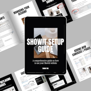 Puede incluir: Una tableta negra muestra el título "SHOWIT SETUP GUIDE" con el subtítulo "A comprehensive guide on how to use your Showit website." Libros abiertos con títulos como "MANAGING YOUR ACCOUNT" y "SEO BASICS IN SHOWIT" rodean la tableta.