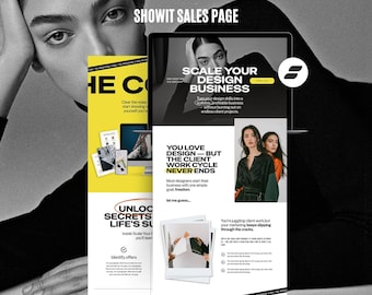 Może przedstawiać: Strona sprzedaży marketingu cyfrowego z tekstem "SHOWIT SALES PAGE" u góry. Strona zawiera tekst "SCALE YOUR DESIGN BUSINESS" i "YOU LOVE DESIGN - BUT THE CLIENT WORK CYCLE NEVER ENDS". Obraz zawiera laptopa i osobę.