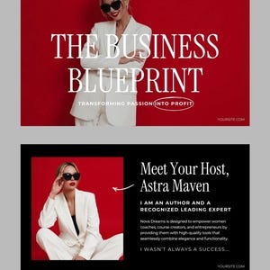 May include: A promotional graphic featuring a white blazer and trousers against a red background with the text THE BUSINESS BLUEPRINT TRANSFORMING PASSION INTO PROFIT and a second section introducing Astra Maven as an author and expert.