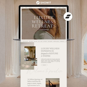 May include: A laptop displaying a website for "Solstice Journeys," promoting luxury wellness retreats. The website features text including "Luxury Wellness Retreats" and "Luxury Wellness Experiences." The design uses a neutral color palette with images of wellness activities.