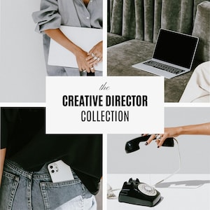 May include: A collage featuring a grey button-down shirt, a silver laptop, a black t-shirt with blue jeans containing a white smartphone, and a black rotary telephone. The central text reads: the CREATIVE DIRECTOR COLLECTION.