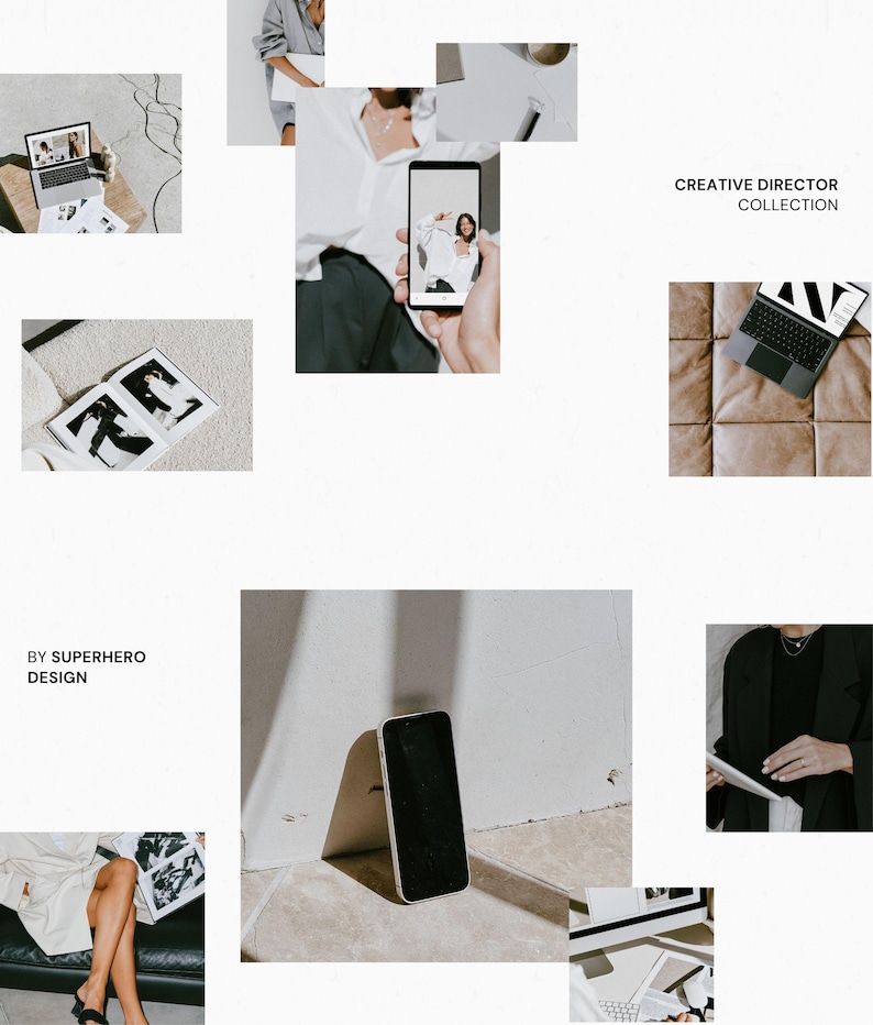 May include: A collage of images featuring a laptop, a smartphone displaying a photo, an open book, and a black blazer. The text CREATIVE DIRECTOR COLLECTION and BY SUPERHERO DESIGN are visible. The composition includes various office and lifestyle scenes.