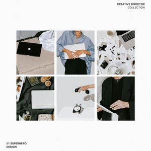 May include: A collage titled CREATIVE DIRECTOR COLLECTION BY SUPERHERO DESIGN featuring a black laptop, a person in a blue shirt holding a laptop, scattered papers, a camera, headphones, a white grid tray, perfume bottles, a black rotary phone, and a black blazer.