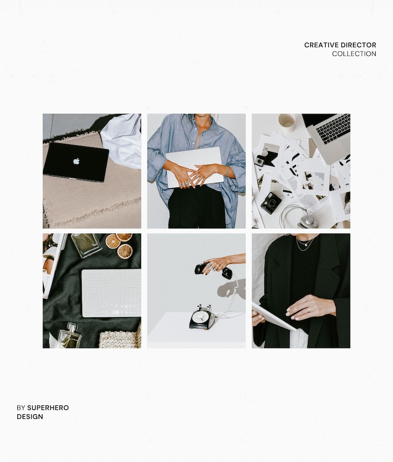 May include: A collage titled CREATIVE DIRECTOR COLLECTION BY SUPERHERO DESIGN featuring a black laptop, a person in a blue shirt holding a laptop, scattered papers, a camera, headphones, a white grid tray, perfume bottles, a black rotary phone, and a black blazer.