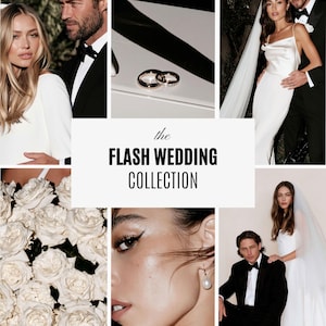May include: A collage featuring the text the FLASH WEDDING COLLECTION, white wedding dresses, a black tuxedo, two gold wedding bands, a bouquet of white roses, and a pearl earring on a person wearing black clothing.