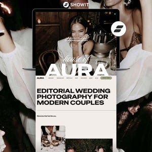 May include: A laptop screen displaying a website titled House of Aura, featuring editorial wedding photography for modern couples. The site includes a navigation menu, a large hero image of a person, and text headers in black and white.