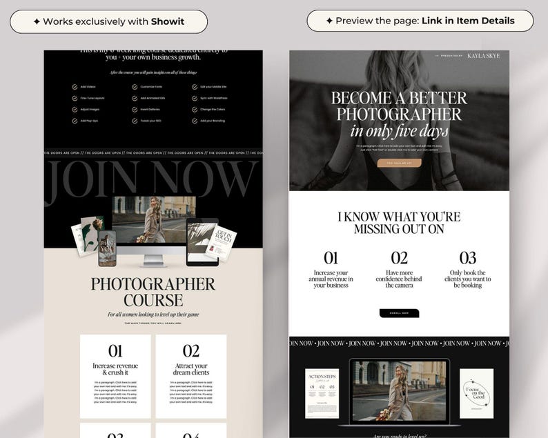 Modello di pagina di vendita Showit / Modello Showit di lusso in bianco e nero per fotografi + coach di fascia alta immagine 2