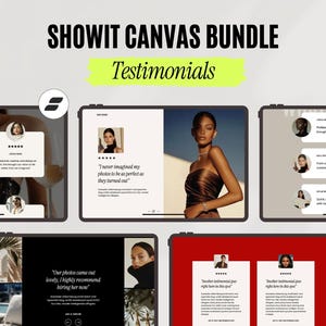 May include: A digital marketing graphic with the text "SHOWIT CANVAS BUNDLE Testimonials". The image displays several tablets with testimonials and photos of people. The background is a light gray color.