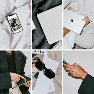 May include: A collage featuring a smartphone displaying a grid of images, a white crocodile-textured laptop sleeve, a white laptop with an Apple logo, a black blazer over a black top, black sunglasses on a magazine, and a hand holding a smartphone.