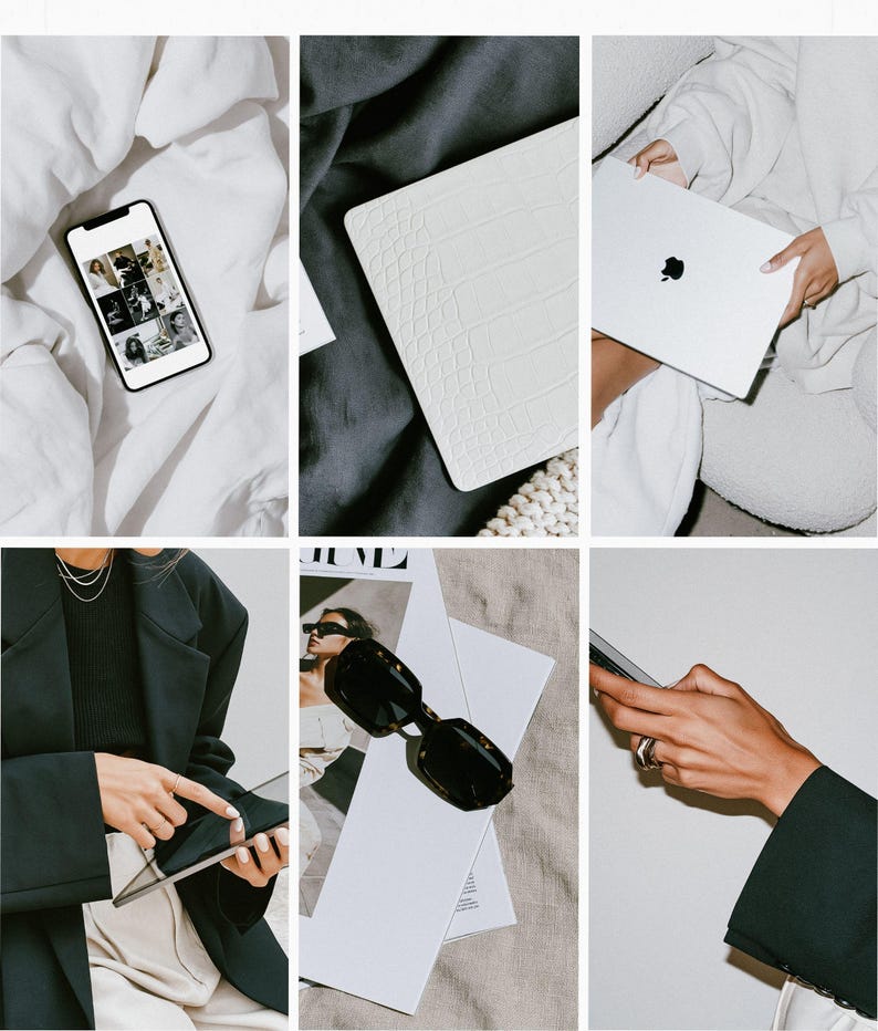 May include: A collage featuring a smartphone displaying a grid of images, a white crocodile-textured laptop sleeve, a white laptop with an Apple logo, a black blazer over a black top, black sunglasses on a magazine, and a hand holding a smartphone.