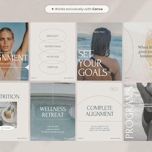 50 publicaciones de Instagram sobre bienestar / Plantilla de Instagram para terapeutas (Canva) / Kit de redes sociales para fitness / Publicaciones de Instagram editables