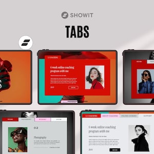 May include: A digital interface design display titled TABS featuring five tablet screens showing various website layouts with red, pink, and white color schemes, photography, text, and navigation menus for coaching programs and online courses.