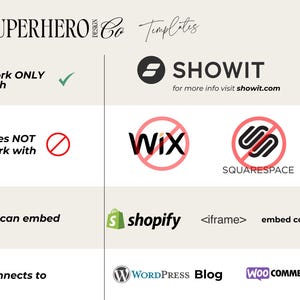 Puede incluir: Un gr&aacute;fico que muestra qu&eacute; plataformas de sitios web son compatibles con las plantillas de Superhero Co. El gr&aacute;fico muestra una marca de verificaci&oacute;n verde junto a "Showit" y un c&iacute;rculo rojo con una l&iacute;nea diagonal a trav&eacute;s de &eacute;l junto a "Wix" y "Squarespace". El gr&aacute;fico tambi&eacute;n muestra un icono de bolsa de la compra junto a "Shopify" y un icono de pantalla de ordenador junto a "WordPress Blog" y "WooCommerce".
