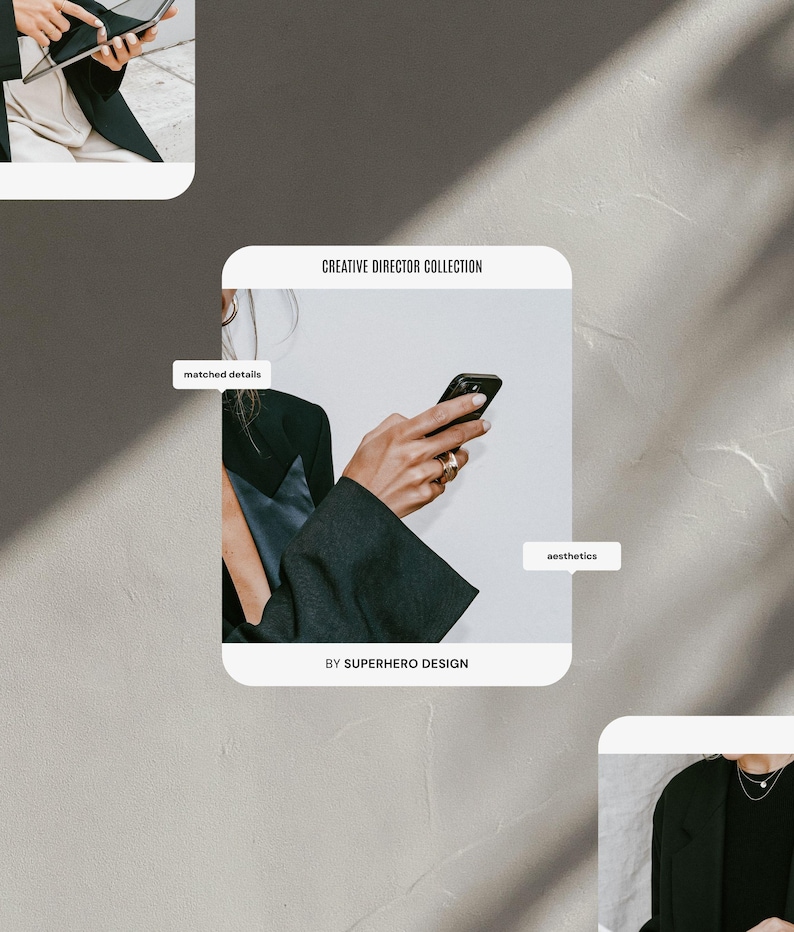 May include: A black blazer with a dark blue satin lapel detail, featuring the text CREATIVE DIRECTOR COLLECTION, matched details, aesthetics, and BY SUPERHERO DESIGN. The image displays a hand holding a black smartphone with gold rings on fingers.
