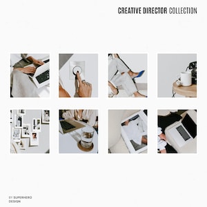 May include: A digital collage titled CREATIVE DIRECTOR COLLECTION by SUPERHERO DESIGN featuring eight square images showing a laptop, a light switch, blue heels, a white mug, polaroid photos, a glass of water, a book, and a laptop on a desk.
